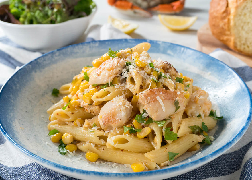 Delicious Penne Pasta with Corn and Crab Meat